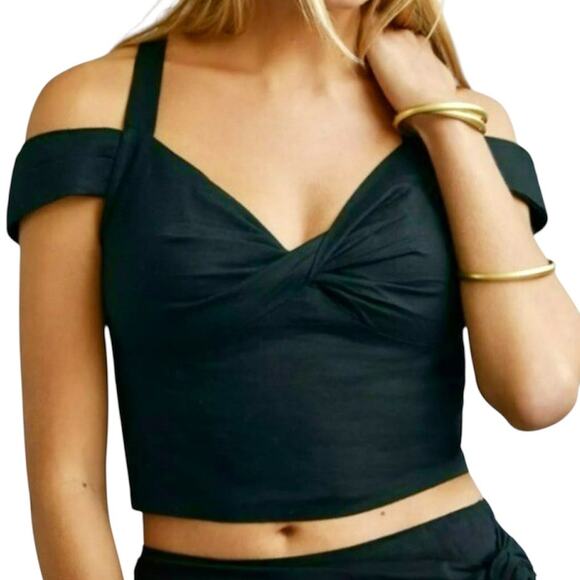 Anthropologie Maeve medium off the shoulder smocked linen crop top TS 2711 - Picture 1 of 9